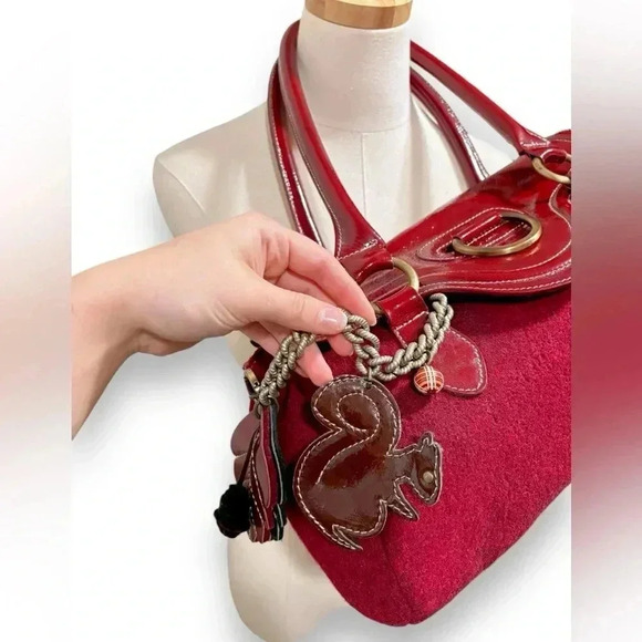 Sofia C Italian Felted Wool Cherry Red Patent Leather Autumn Fall Shoulder Bag - Picture 4 of 12